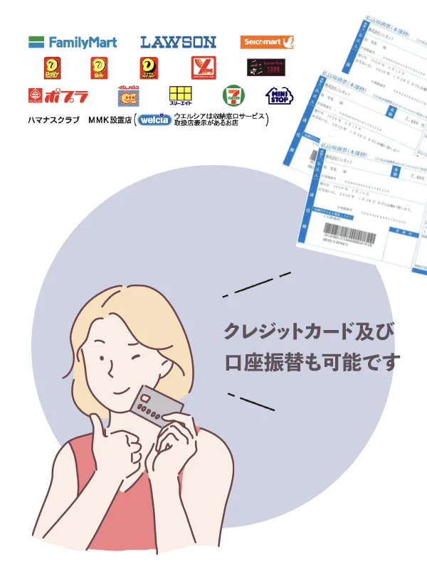 請求ハガキでコンビニ払い。クレジットカード及び口座振替も可能であることを示すイラスト