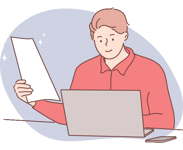 書類を見ながらノートパソコンで連絡する男性のイラスト