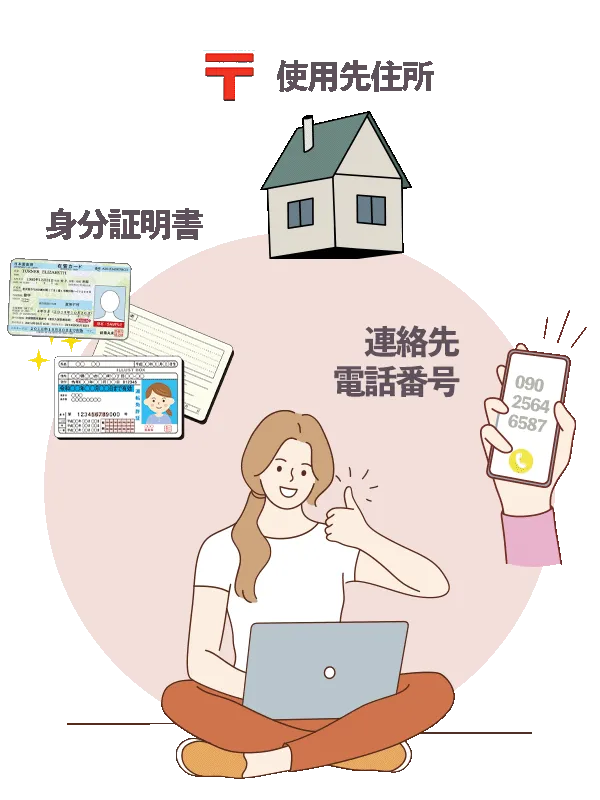 申し込みに必要なもの：身分証明書、使用先住所、連絡先電話番号。ノートパソコンで申し込む女性のイラスト