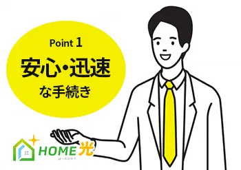 Point 1「安心・迅速な手続き」。笑顔で手を差し出して案内するスタッフのイラスト